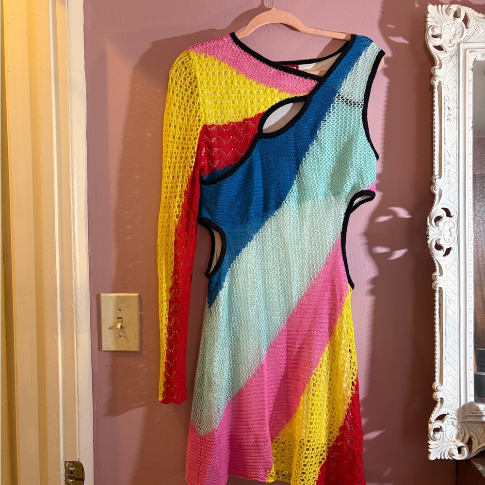 STAUD Multicolor Asymmetrical Cutout Mesh Dress - Yellow, Pink, Blue, Red, Mint